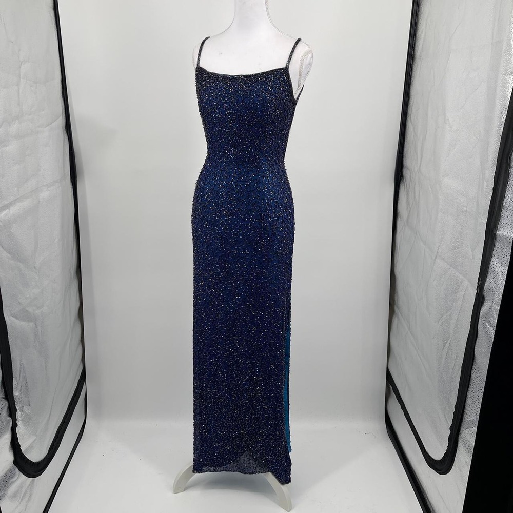 Vintage 90s Gothic Silk Beaded Maxi Dress Gown L Blue Backless Formal Glam Prom